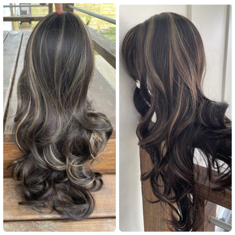 NWT 26” big waves bangs dark ash brown gold lights